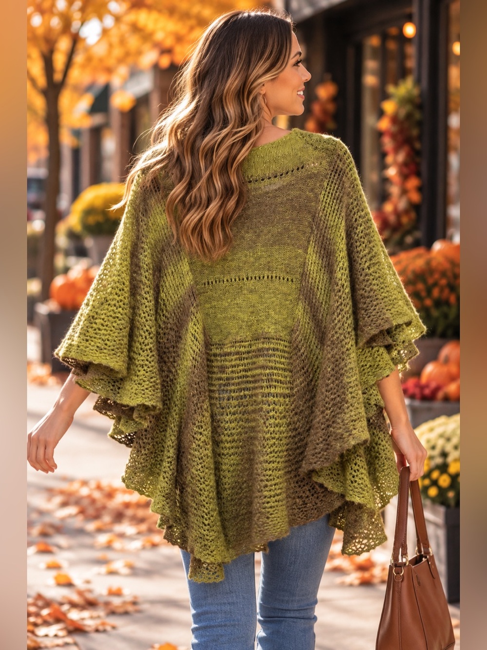 Free People Ombre Poncho Sweater Green Brown Mohair Wool Open Knit Boho Fall